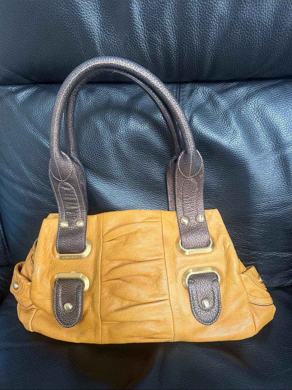 B Markowsy Two-Tone Mustard and Dark Brown Leather Shoulder Bag. Gently used